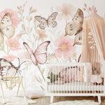 Pastelowe Love Butterflies bloemen en vlinders behang voor meisjeskamer en babykamer 