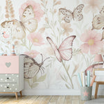 Pastelowe Love Butterflies bloemen en vlinders behang voor meisjeskamer en babykamer 