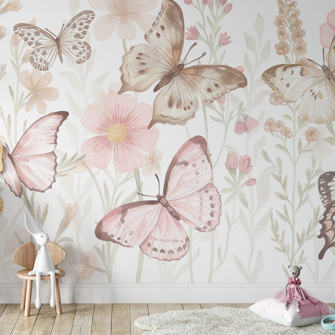 Pastelowe Love Butterflies bloemen en vlinders behang voor meisjeskamer en babykamer 