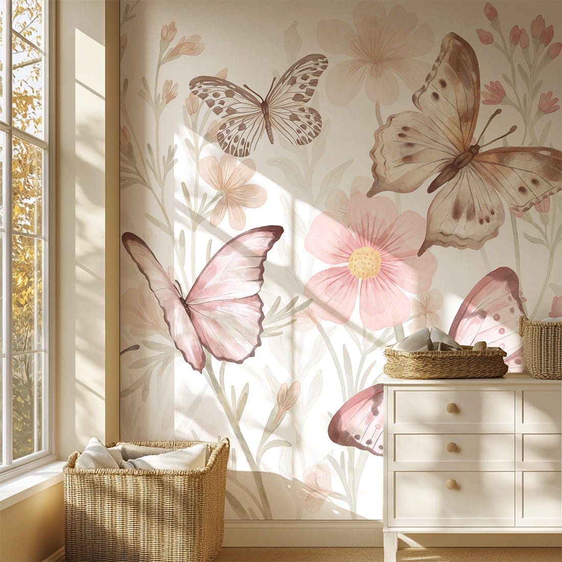 Pastelowe Love Butterflies bloemen en vlinders behang voor meisjeskamer en babykamer 