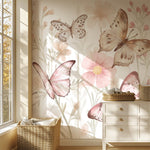 Pastelowe Love Butterflies bloemen en vlinders behang voor meisjeskamer en babykamer 
