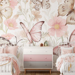 Pastelowe Love Butterflies bloemen en vlinders behang voor meisjeskamer en babykamer 