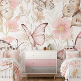 Pastelowe Love Butterflies bloemen en vlinders behang voor meisjeskamer en babykamer 