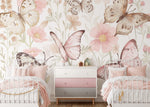 Pastelowe Love Butterflies bloemen en vlinders behang voor meisjeskamer en babykamer 