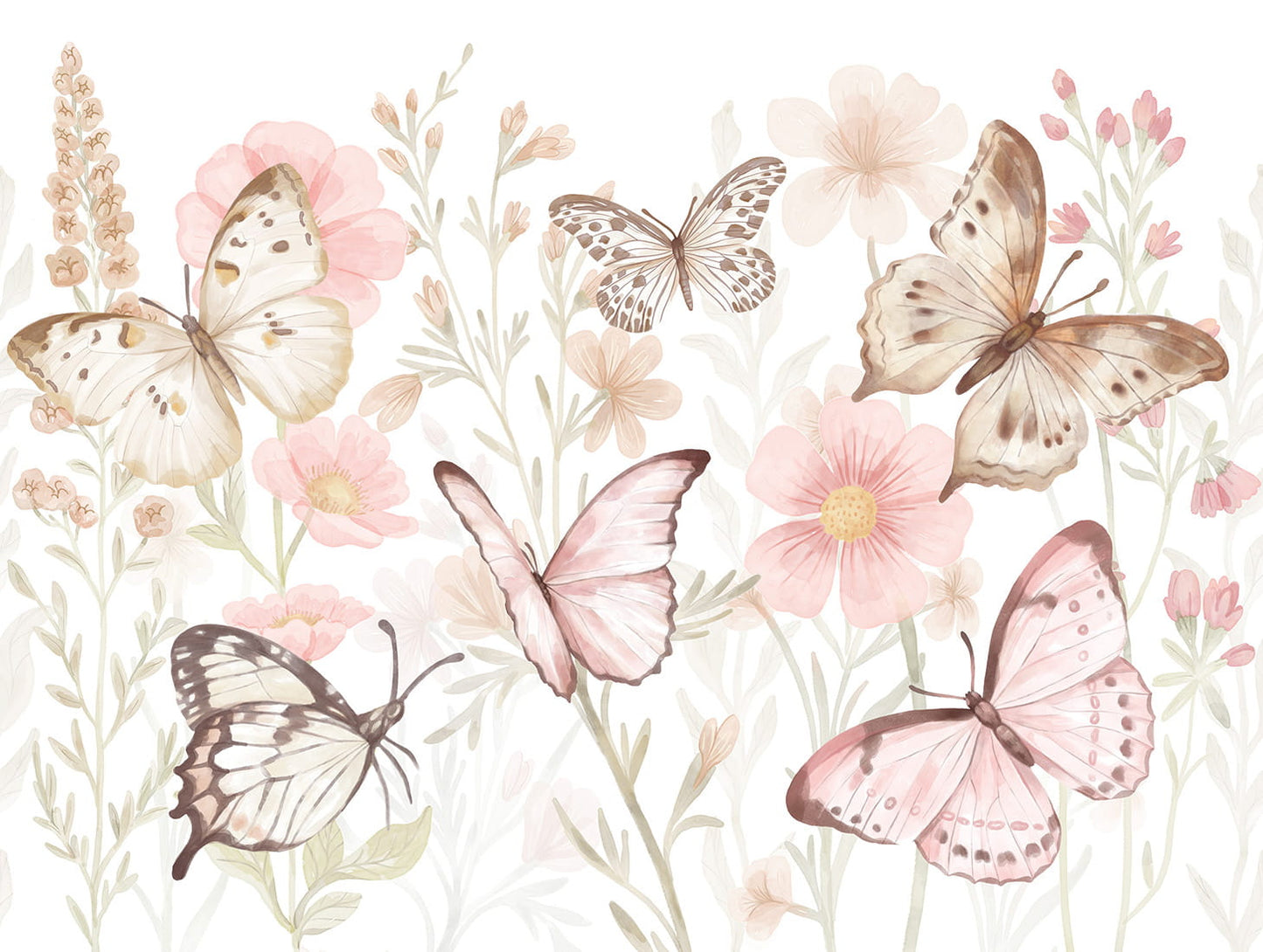 Pastelowe Love Butterflies bloemen en vlinders behang voor meisjeskamer en babykamer 