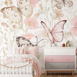 Pastelowe Love Butterflies bloemen en vlinders behang voor meisjeskamer en babykamer 