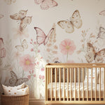 Pastelowe Love Butterflies bloemen en vlinders behang voor meisjeskamer en babykamer 