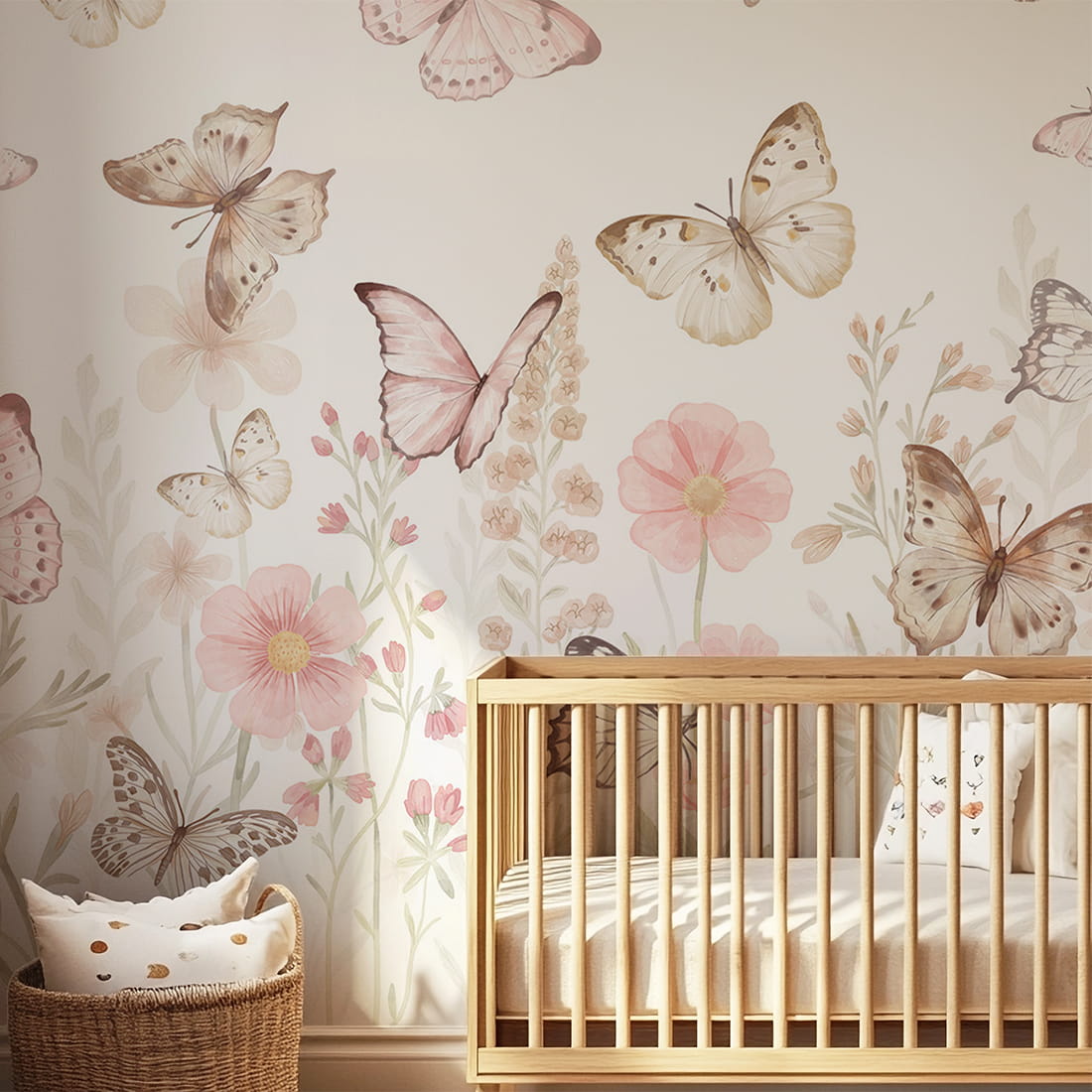 Pastelowe Love Butterflies bloemen en vlinders behang voor meisjeskamer en babykamer 