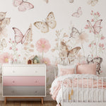 Pastelowe Love Butterflies bloemen en vlinders behang voor meisjeskamer en babykamer 