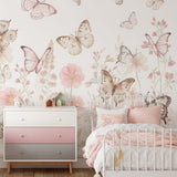 Pastelowe Love Butterflies bloemen en vlinders behang voor meisjeskamer en babykamer 