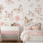 Pastelowe Love Butterflies bloemen en vlinders behang voor meisjeskamer en babykamer 
