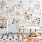 Pastelowe Love Butterflies bloemen en vlinders behang voor meisjeskamer en babykamer 
