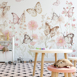 Pastelowe Love Butterflies bloemen en vlinders behang voor meisjeskamer en babykamer 