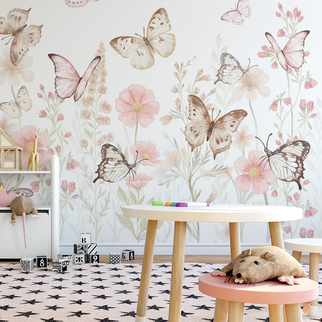 Pastelowe Love Butterflies bloemen en vlinders behang voor meisjeskamer en babykamer 