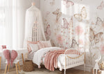 Pastelowe Love Butterflies bloemen en vlinders behang voor meisjeskamer en babykamer 