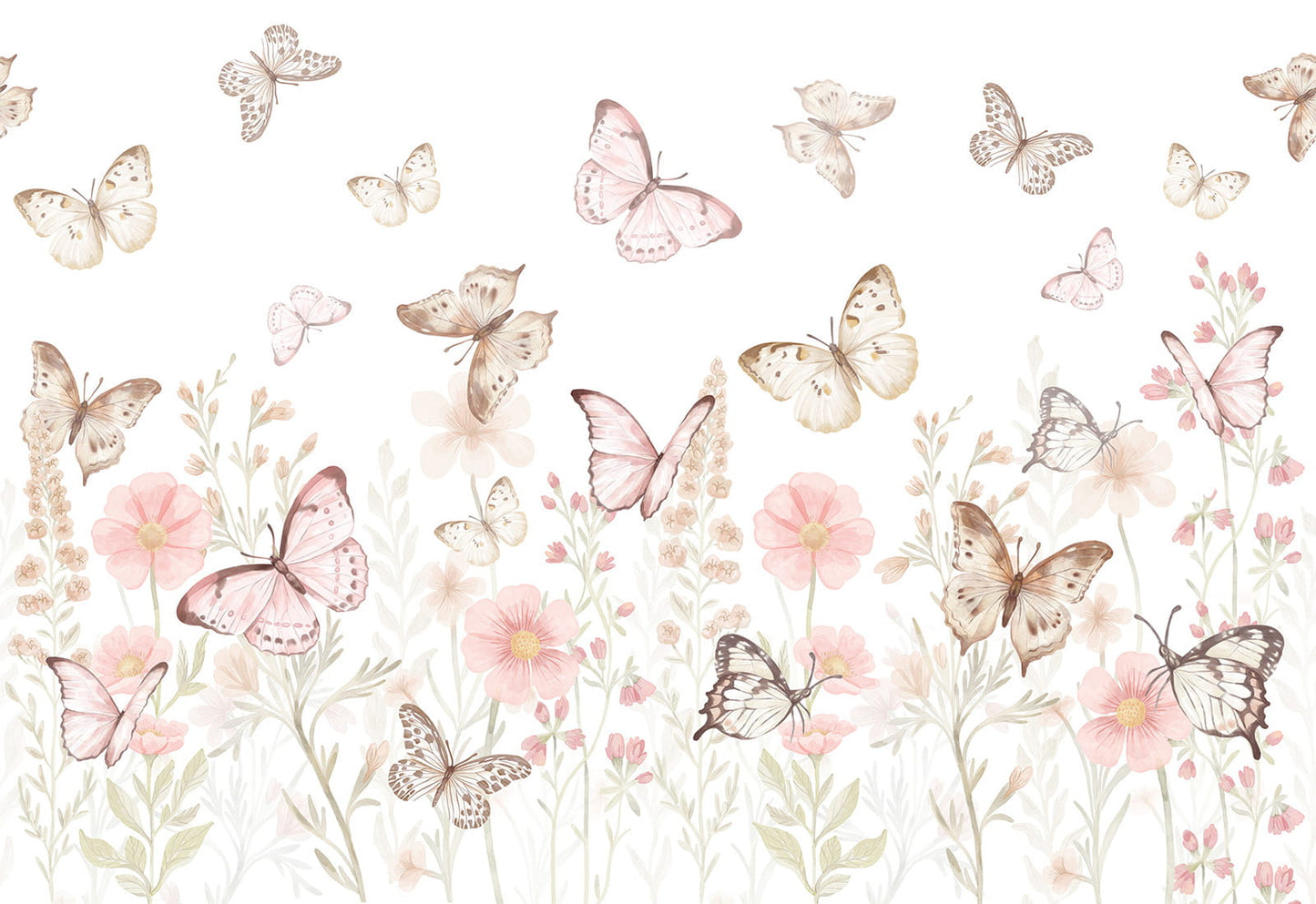 Pastelowe Love Butterflies bloemen en vlinders behang voor meisjeskamer en babykamer 