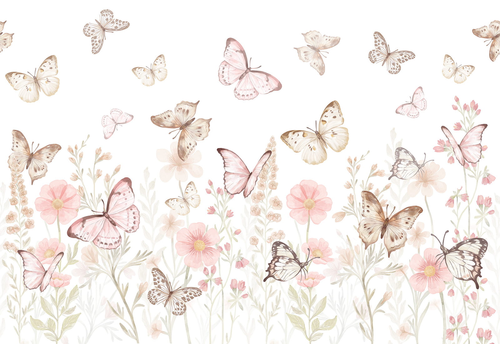 Pastelowe Love Butterflies bloemen en vlinders behang voor meisjeskamer en babykamer 