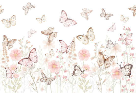 Pastelowe Love Butterflies bloemen en vlinders behang voor meisjeskamer en babykamer 