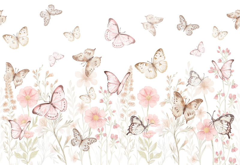 Pastelowe Love Butterflies bloemen en vlinders behang voor meisjeskamer en babykamer 