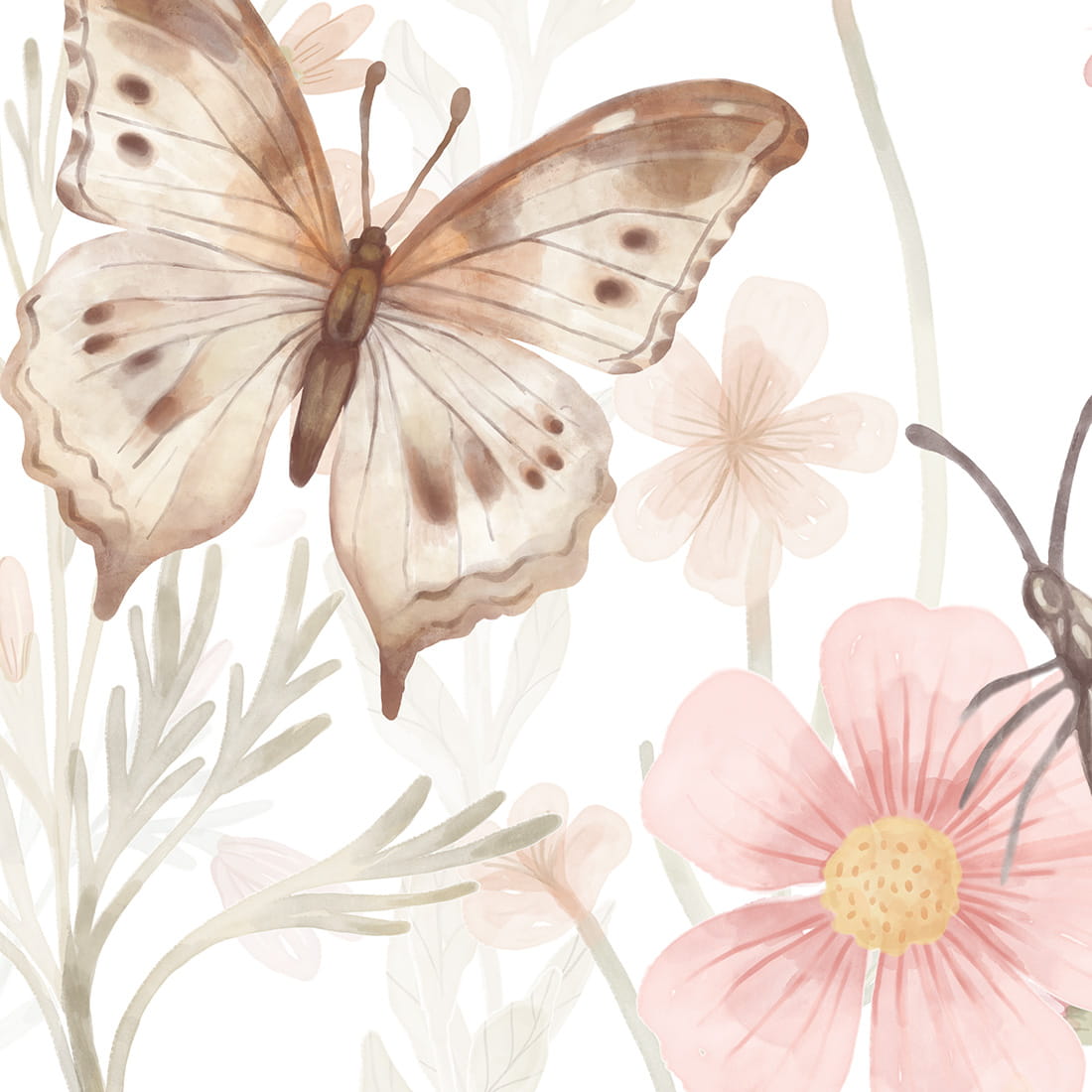 Pastelowe Love Butterflies bloemen en vlinders behang voor meisjeskamer en babykamer 