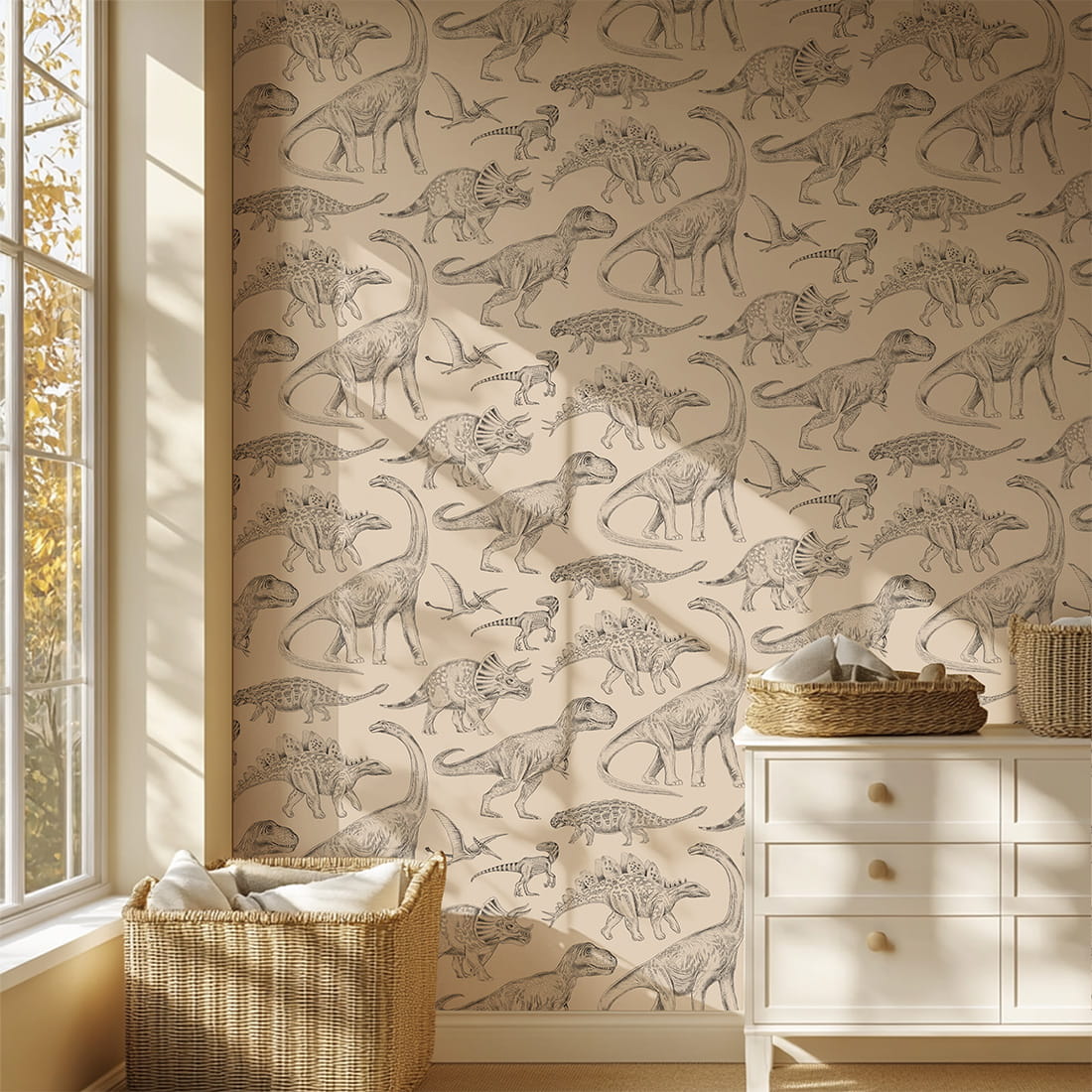 Pastelowe Love dino behang voor de jongenskamer beige