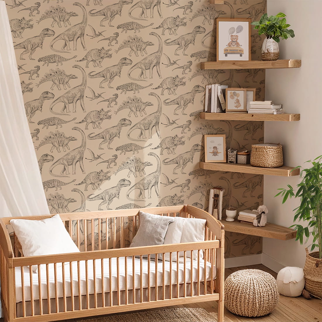 Pastelowe Love dino behang voor de jongenskamer beige