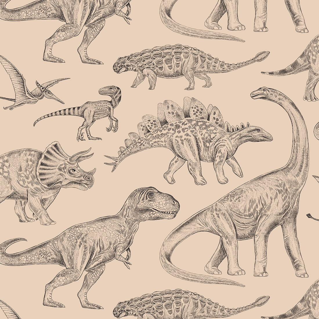 Pastelowe Love dino behang voor de jongenskamer beige