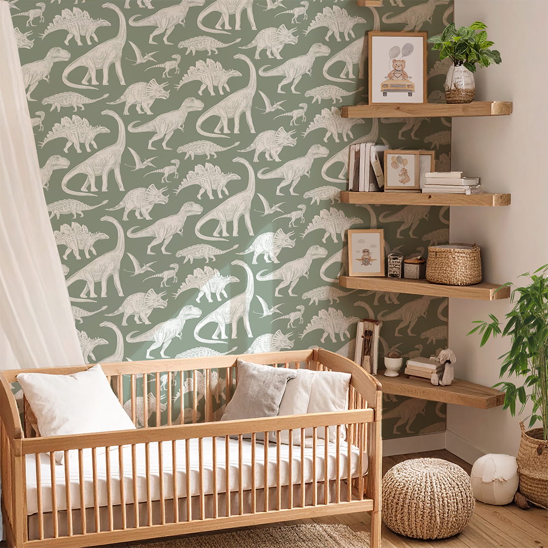 Pastelowe Love dino behang voor de jongenskamer matcha groen