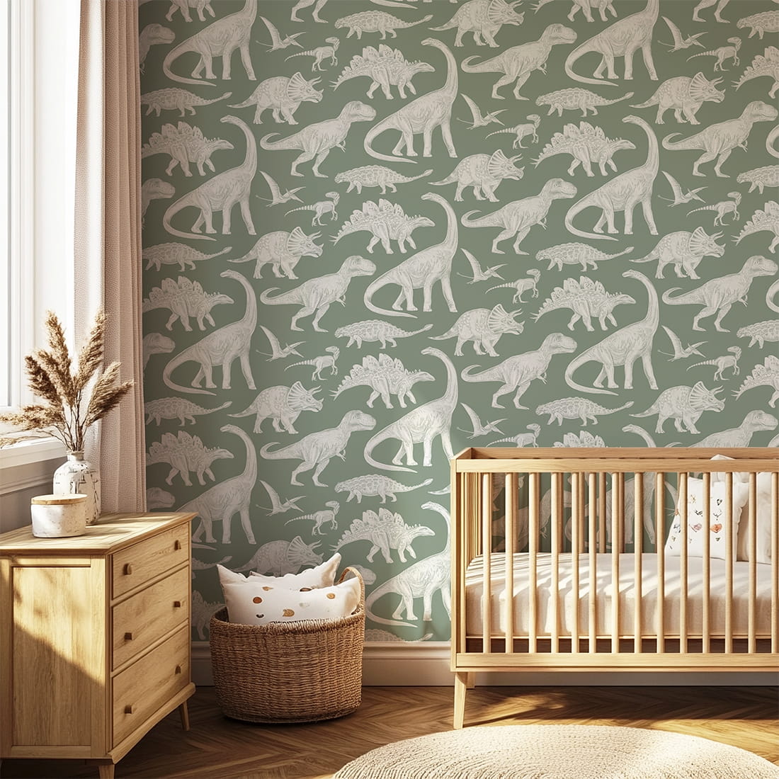Pastelowe Love dino behang voor de jongenskamer matcha groen