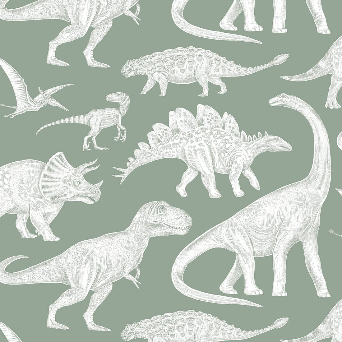Pastelowe Love dino behang voor de jongenskamer matcha groen