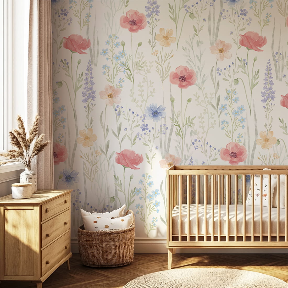 Pastelowe Love Spring Garden bloemenbehang voor de meisjeskamer of babykamer mural roze geel en blauw
