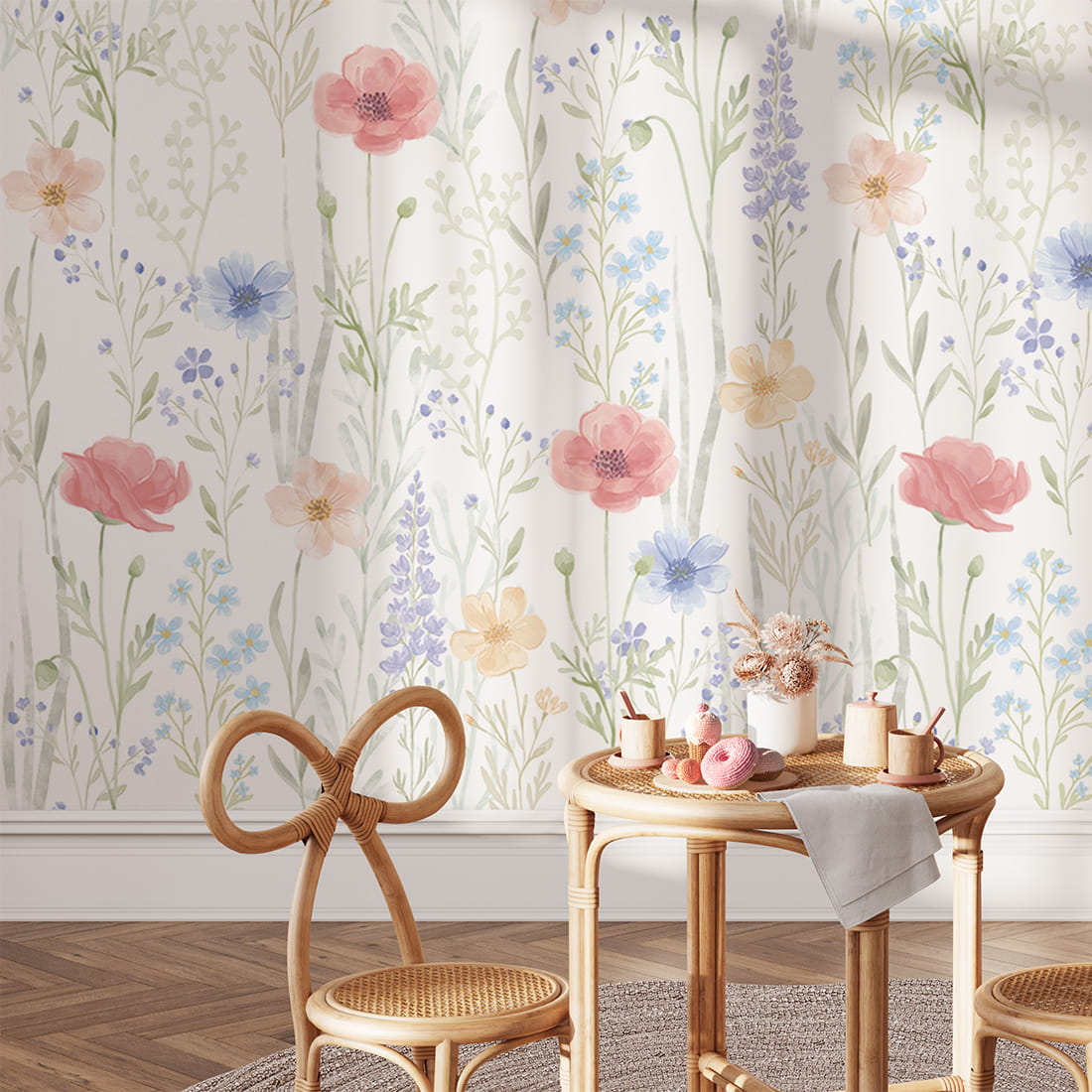 Pastelowe Love Spring Garden bloemenbehang voor de meisjeskamer of babykamer mural roze geel en blauw