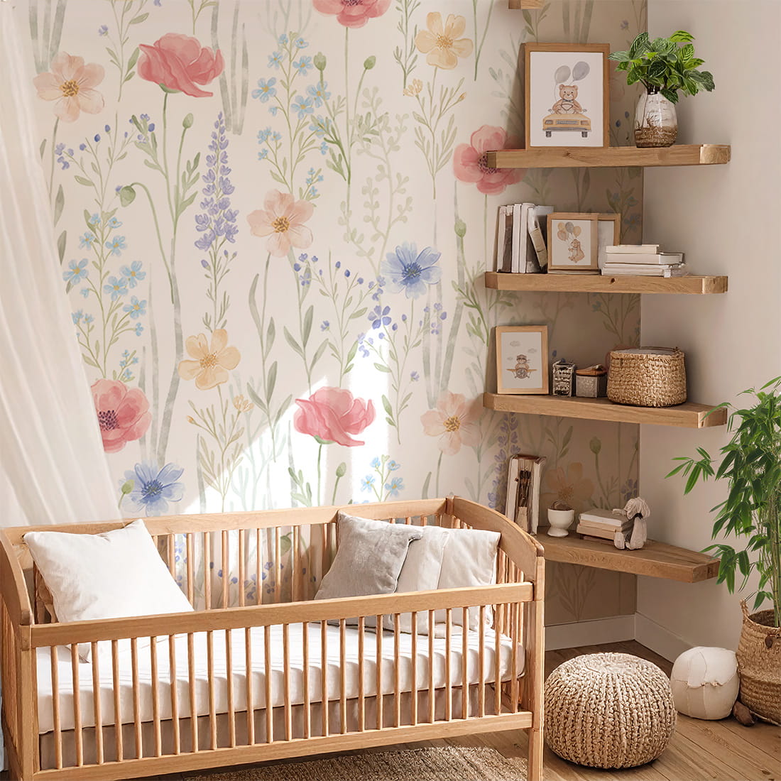 Pastelowe Love Spring Garden bloemenbehang voor de meisjeskamer of babykamer mural roze geel en blauw