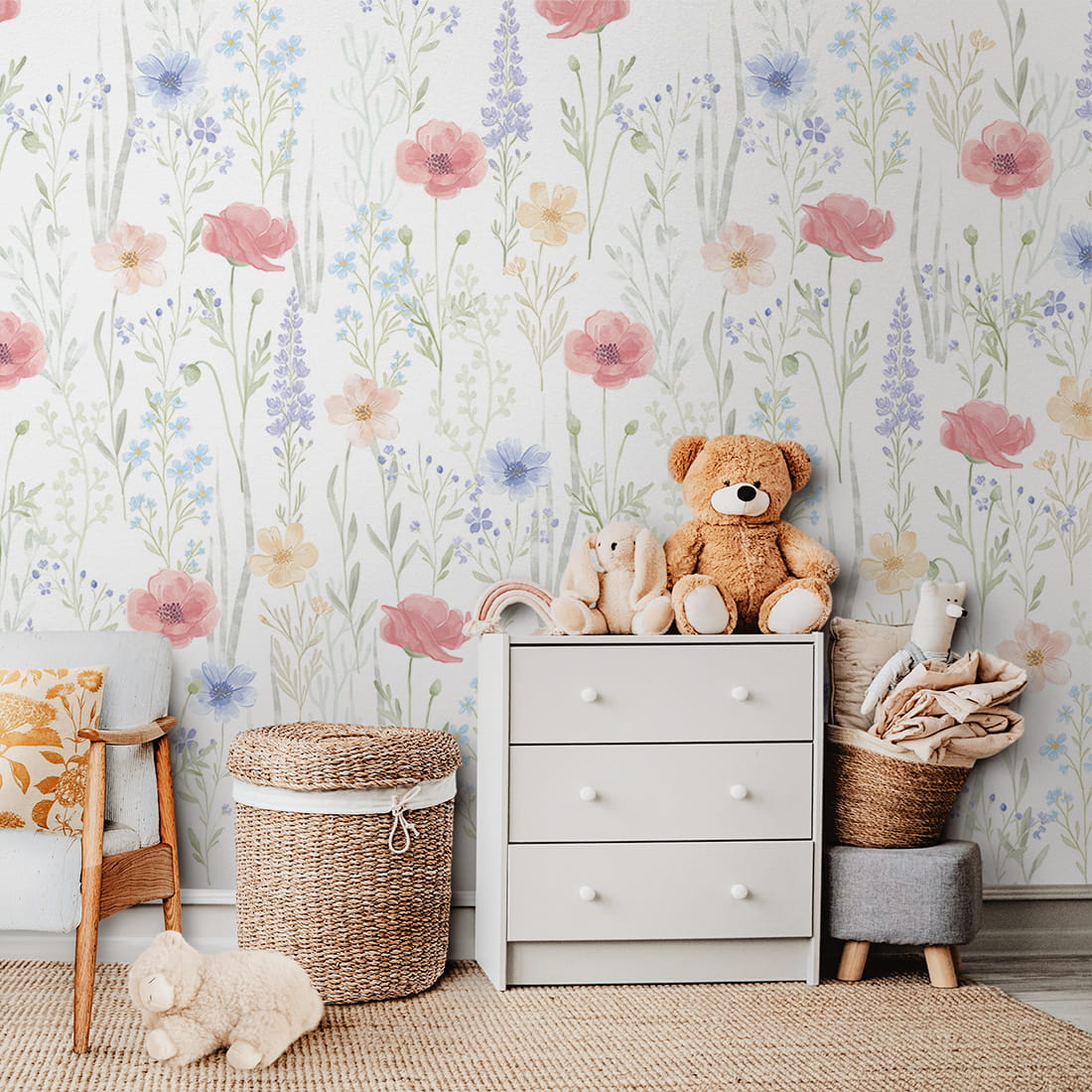 Pastelowe Love Spring Garden bloemenbehang voor de meisjeskamer of babykamer mural roze geel en blauw