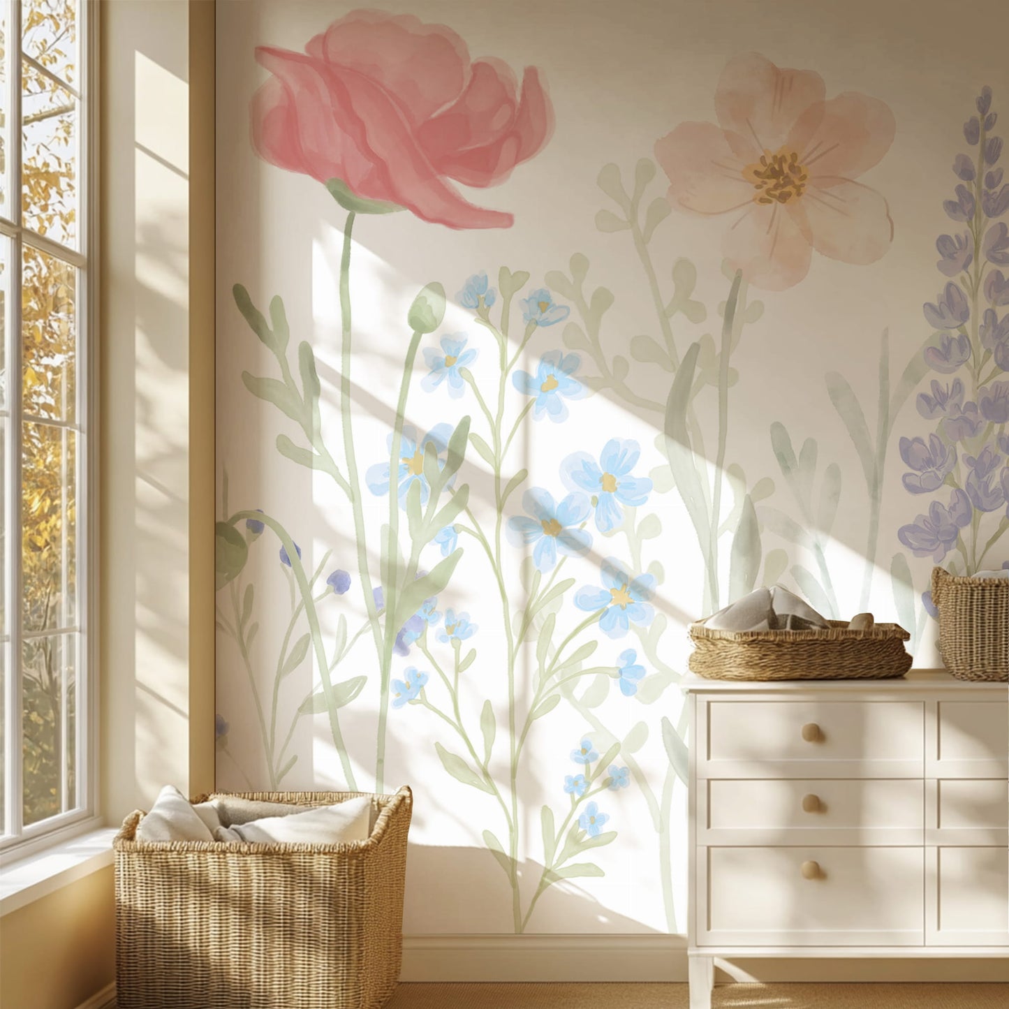 Pastelowe Love Spring Garden bloemenbehang voor de meisjeskamer of babykamer mural roze geel en blauw