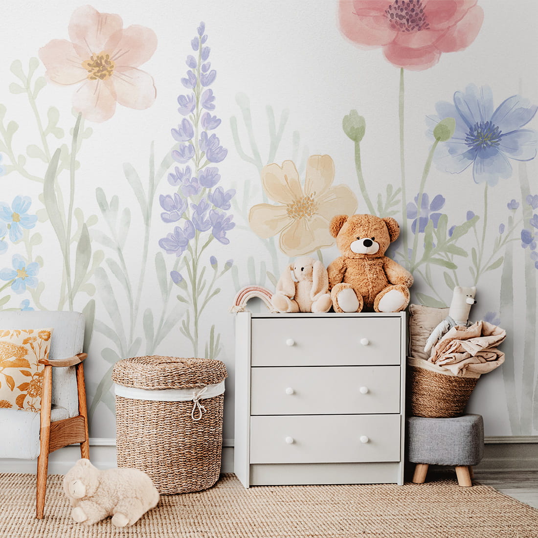 Pastelowe Love Spring Garden bloemenbehang voor de meisjeskamer of babykamer mural roze geel en blauw