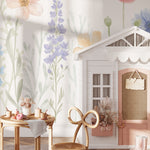 Pastelowe Love Spring Garden bloemenbehang voor de meisjeskamer of babykamer mural roze geel en blauw