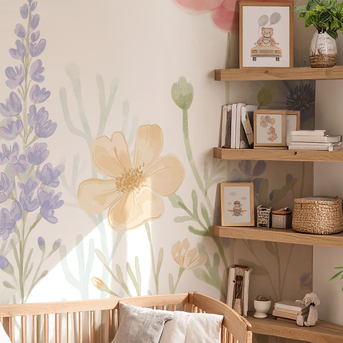 Pastelowe Love Spring Garden bloemenbehang voor de meisjeskamer of babykamer mural roze geel en blauw
