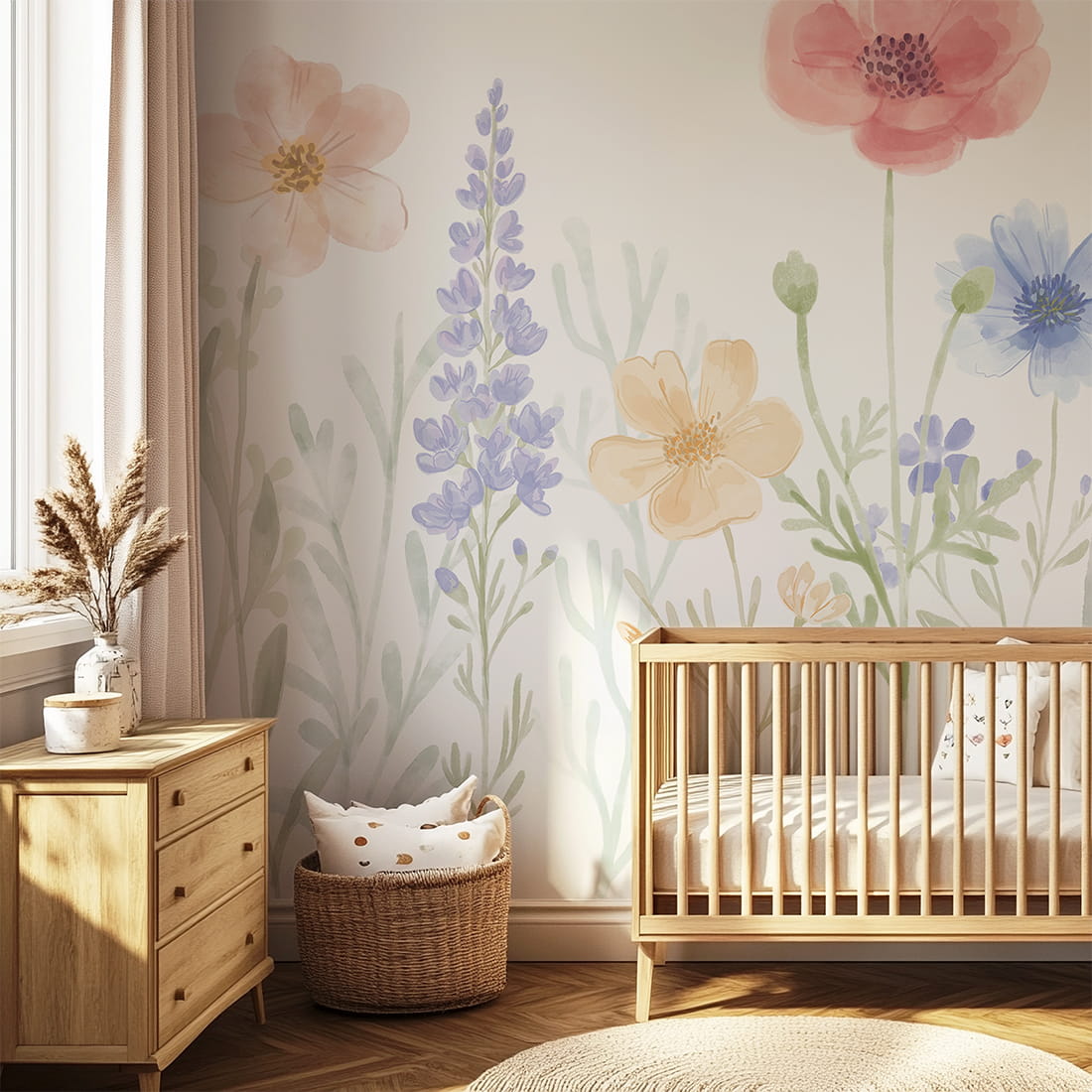 Pastelowe Love Spring Garden bloemenbehang voor de meisjeskamer of babykamer mural roze geel en blauw