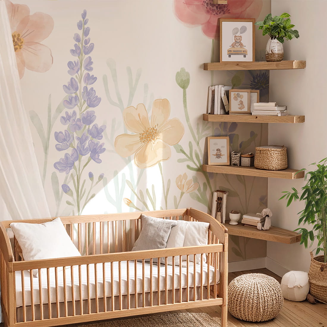Pastelowe Love Spring Garden bloemenbehang voor de meisjeskamer of babykamer mural roze geel en blauw