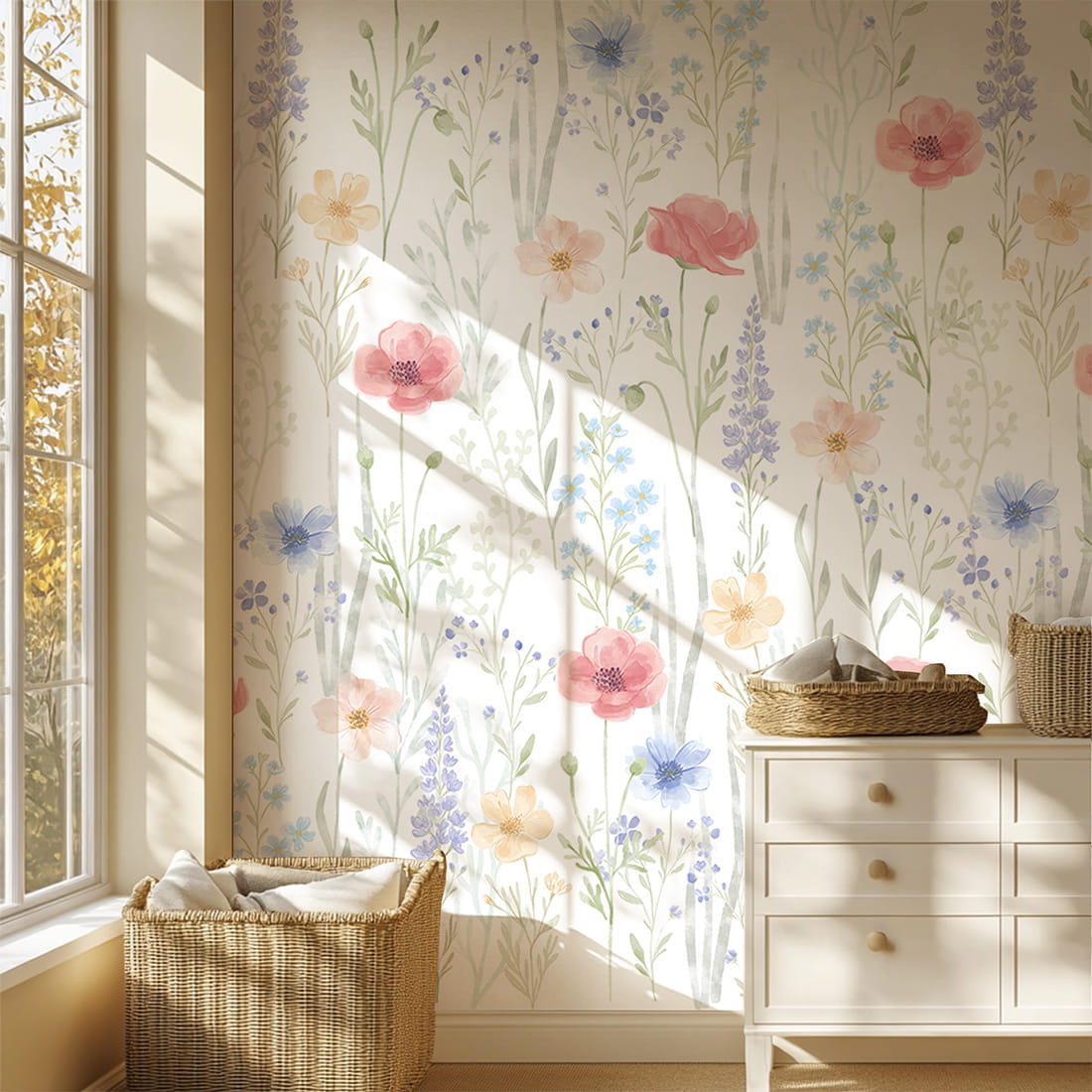 Pastelowe Love Spring Garden bloemenbehang voor de meisjeskamer of babykamer mural roze geel en blauw