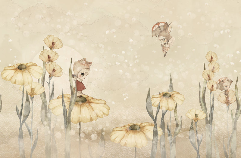 Rebel Walls x Mrs. Mighetto Bloomy Fields of Marion warm geel dromerig bloemen behang voor meisjeskamer en babykamer R20402