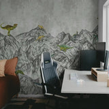 Rebel Walls Dinosaur Mountain dino  behang voor de jongenskamer grijs