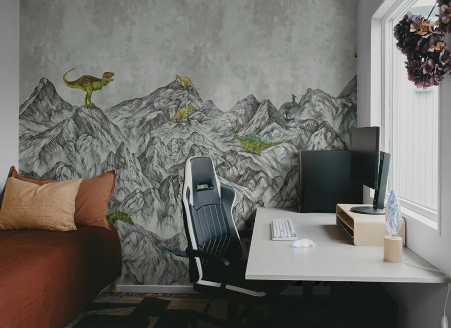 Rebel Walls Dinosaur Mountain dino  behang voor de jongenskamer grijs