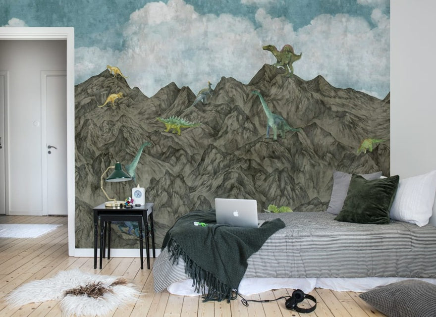 Dino behang Rebel walls voor jongenskamer grijs blauw groen
