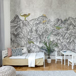 Rebel Walls Dinosaur Mountain dino  behang voor de jongenskamer grijs
