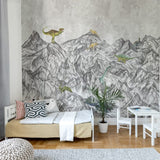 Rebel Walls Dinosaur Mountain dino  behang voor de jongenskamer grijs
