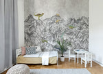 Rebel Walls Dinosaur Mountain dino  behang voor de jongenskamer grijs