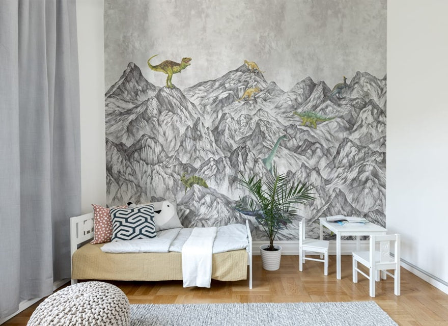 Rebel Walls Dinosaur Mountain dino  behang voor de jongenskamer grijs