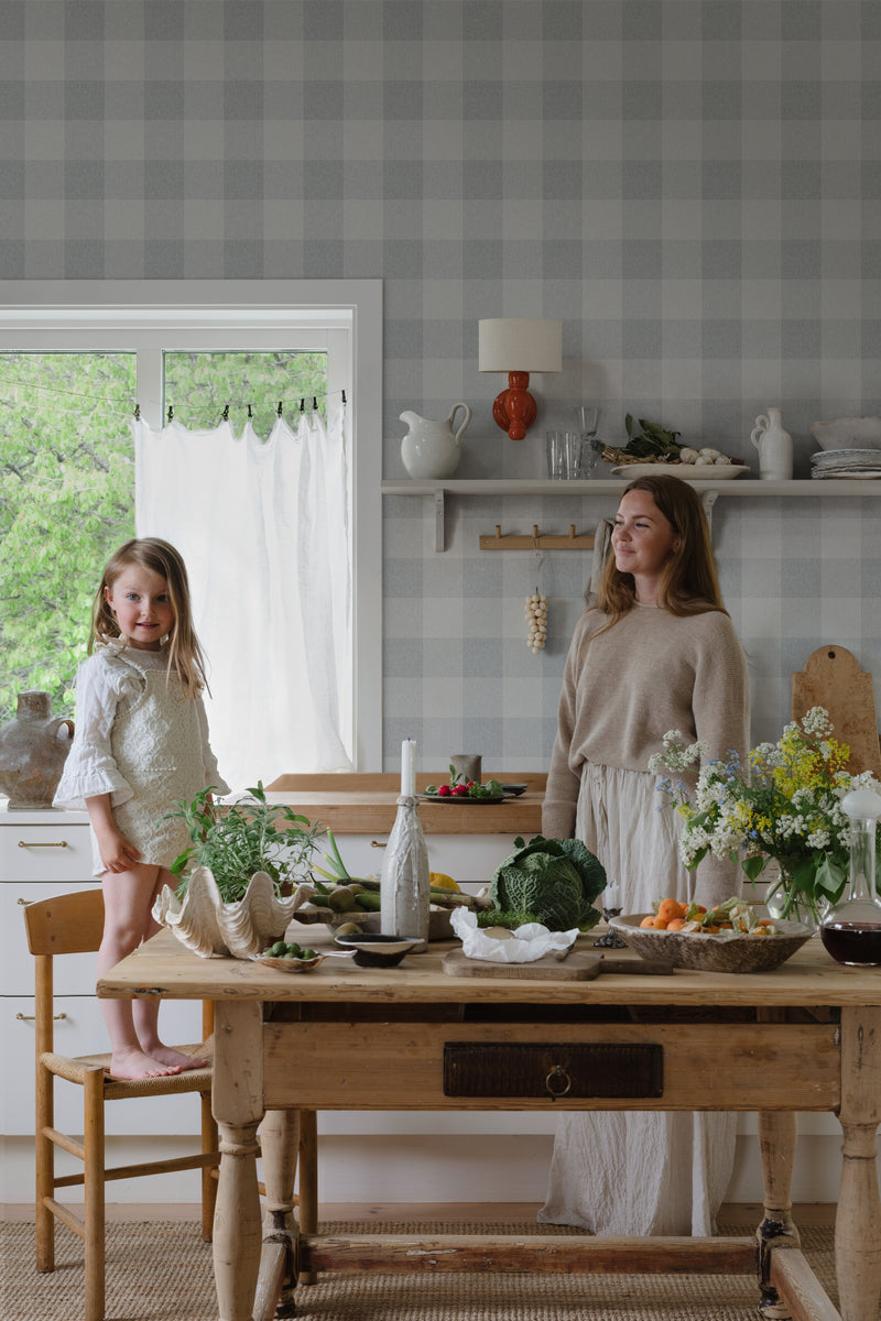 Sandberg Geblokt Behang Lykke - Misty Blue